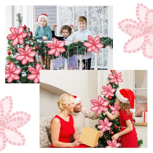 Pink Poinsettia Stem Set with Clips - 6 Pieces for Christmas Tree Decor - Pink Dot