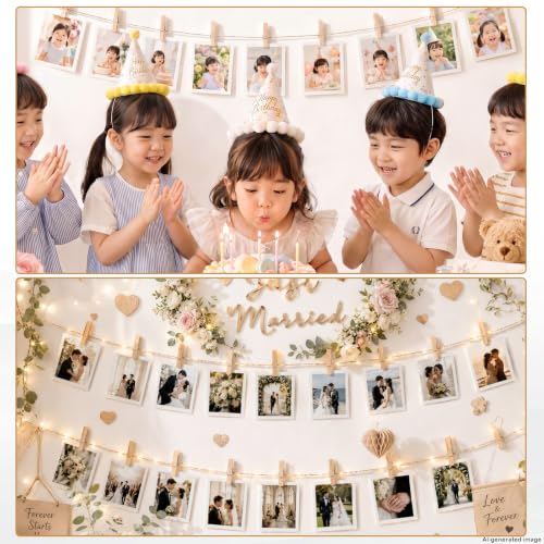 Mini Wooden Clothespins for Photos and Crafts - 100 Pack with 2 Jute Strings
