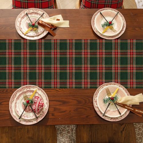 Christmas Checkered Tartan Table Runner - Green, 13 x 70 Inches - 2 Pack