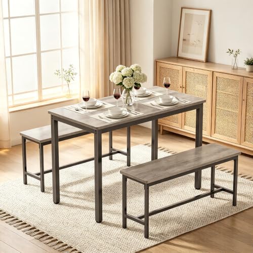 Dining Table Set for 4 with 2 Benches - Space-Saving Modern Kitchen Grey