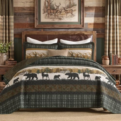 King Cotton Quilt Set with Deer and Bear Wildlife Design - Reversible, Rustic Lodge Bedding - Green/Brown/Beige, 98x106 inches