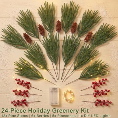 Green Pine Branches with LED Lights and Berries - 24 Piece Holiday Decor Set