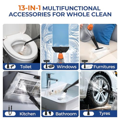 Pressurized Handheld Steam Cleaner Orange & Gray 13-Piece Deep Cleaning Set