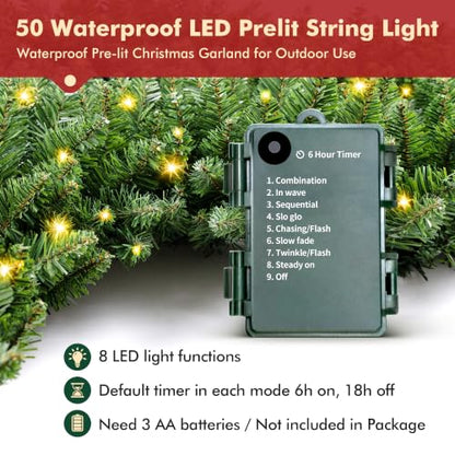 9FT Prelit Christmas Garland with Battery Timer - Green Artificial Pine with LED Lights - Indoor Outdoor Holiday Decor - 1 Count