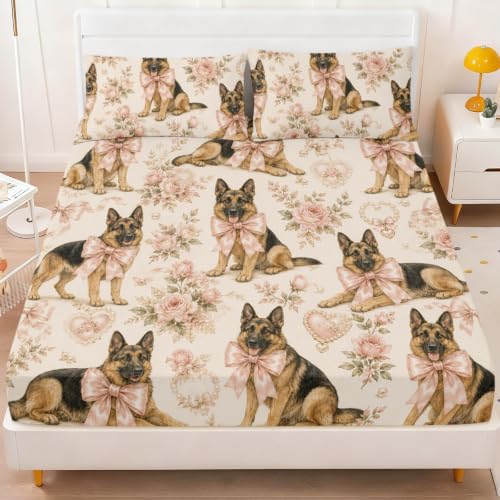 Twin German Shepherd Floral Fitted Sheet Set - Pink Bow Shepherd Variation