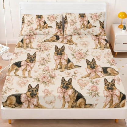 Twin German Shepherd Floral Fitted Sheet Set - Pink Bow Shepherd Variation