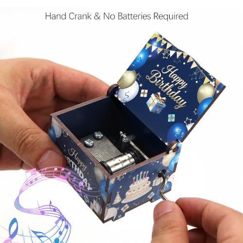 Wooden Hand Crank Music Box Birthday Melody Mini Keepsake Blue