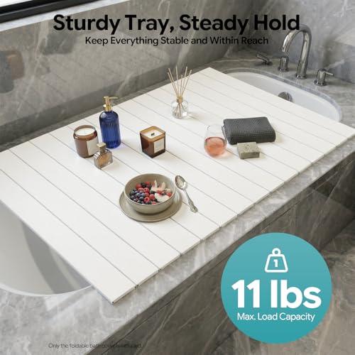 Large Foldable Bath Cover with Tray - 63 x 31.5 Inches White PVC Bath Protector