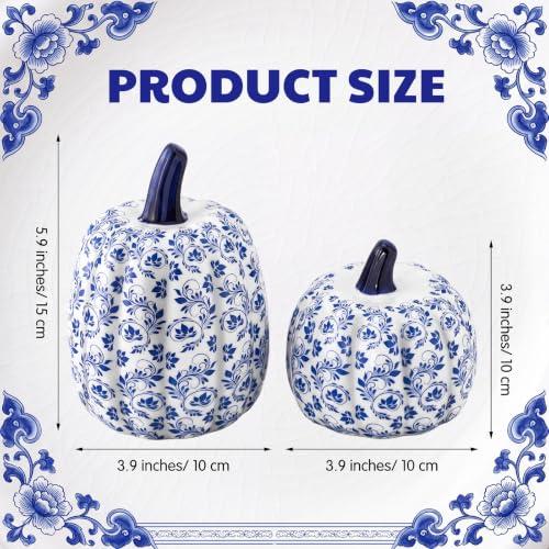 Set of 2 Blue and White Ceramic Pumpkin Decor for Thanksgiving - Chinoiserie Style
