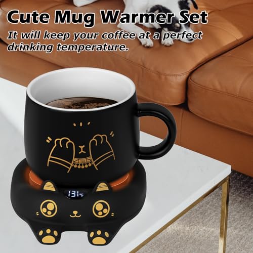 Ador Black Cat Mug & Coffee Warmer Set with Auto Shut Off - Cute Ceramic Mug & 3 Temp Settings