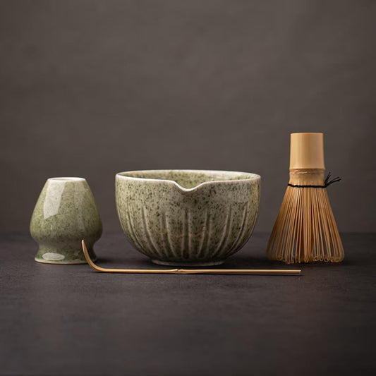 TANG PIN Matcha Set - 4-Piece Matcha Kit with Bowl, Whisk, Scoop & Stand | Mottled Green 15 OZ