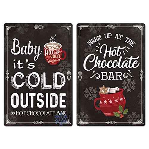 2 Pieces Hot Chocolate Bar Sign Farmhouse Christmas Decor Christmas Vintage Metal Sign Retro Tin Sign Winter Wall Hanger for Wall Poster Home Kitchen Bar Coffee Shop, 7.87x 11.8 Inches