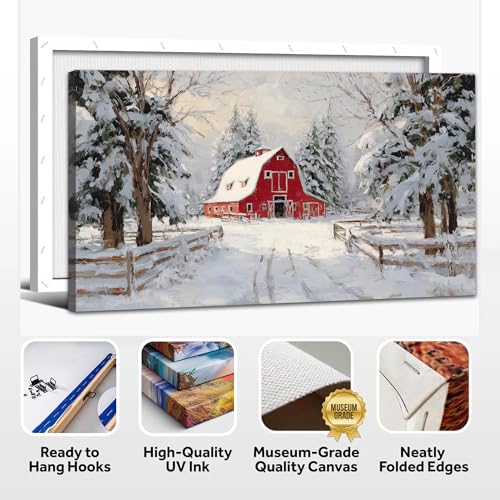 Winter Scene Canvas Wall Art - Farmhouse Rustic Red Barn Snowy Landscape, 15 x 24 Inches - Holiday & Seasonal Decor