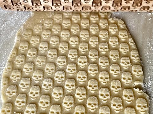 SKULL Rolling Pin. Embossing rolling pin with SKULL PATTERN Embossed skull cookies for HALLOWEEN. Wooden Laser Cut Rolling Pin for Halloween cookies, play dough, salt dough by Algis Crafts