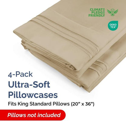 King Standard Pillow Cases by King - Soft Hotel Quality Pillowcase Covers - Machine Washable Beige | 4-Piece Set