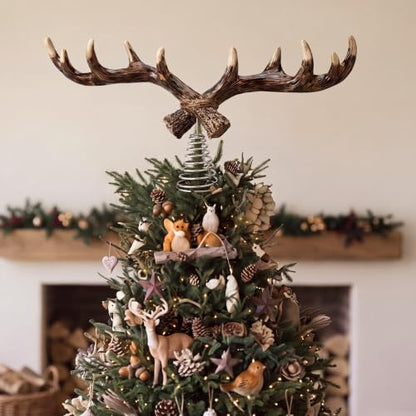 Christmas Deer Tree Topper with Antlers - Rustic Woodland 16 Inch Resin Decor