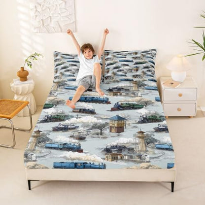 Vintage Steam Engine Twin Fitted Sheet Set for Kids - Gray Blue, Deep Pocket 2Pcs with Pillowcase