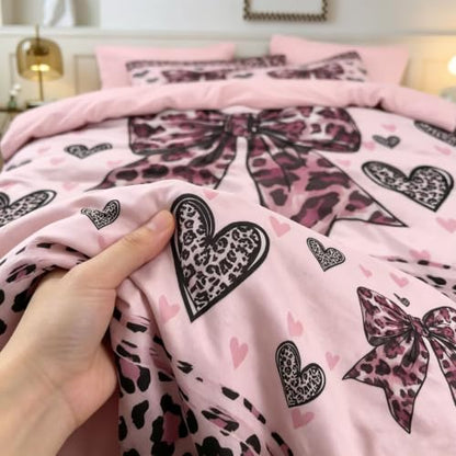 Pink Leopard Queen Duvet Cover Set with Bow & Heart Design - 3 Piece Bedding