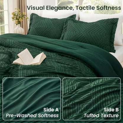 Emerald Green King Size Comforter Set - Boho Tufted Microfiber Bedding, 3-Piece