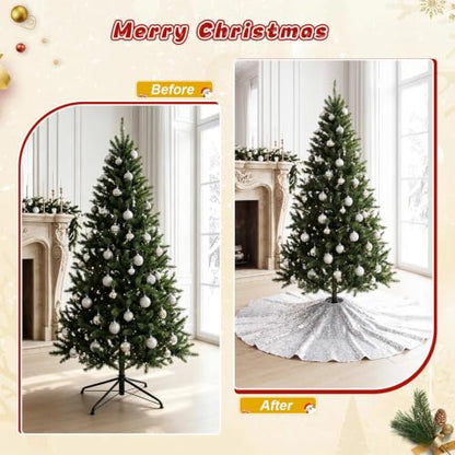Silver Sequin Christmas Tree Skirt 36 Inch Holiday Base Mat for Xmas Decor