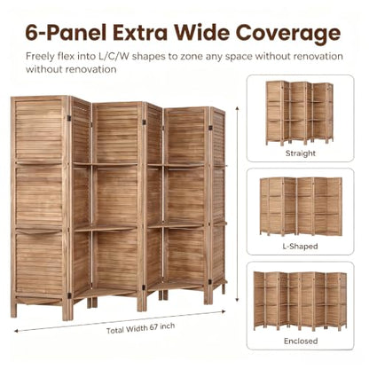6 Panel Room Divider with Shelves - 67" H Brown, 360° Hinges, Freestanding Privacy Screen - Variation: Brown 6 Panel