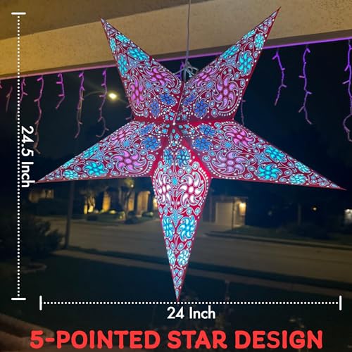 24 Inch Paper Star Lanterns Pack of 3 Christmas Holiday Decor - Blue, Turquoise & Red