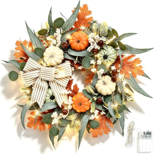Lighted Fall Wreath with Pumpkins, Autumn Decor for Front Door 24 Inches