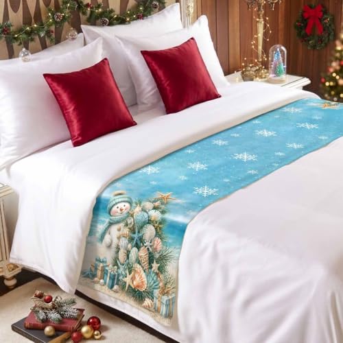 Queen Size Coastal Beach Bed Runner with Christmas Tree Starfish Decor - 83x20 Inches Blue Yellow