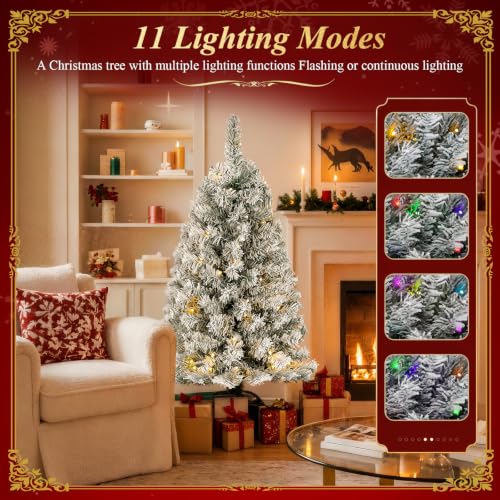 Okicoler 4ft Pre-Lit Flocked Artificial Christmas Tree with 80 LED Lights, 11 Modes, White Snow Finish