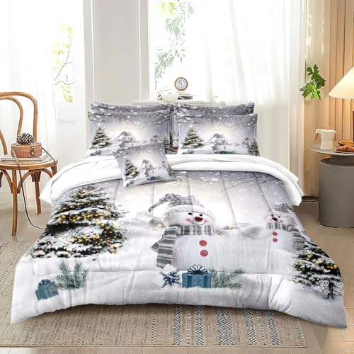 King Size Christmas Snowman Comforter Set - Snowy Forest Bedding, 104x90 Inch