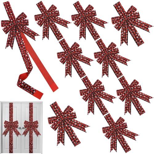 Christmas Door & Cabinet Bows with Snowflakes - Red Black Buffalo Plaid, 10 Pieces, 10 Inches