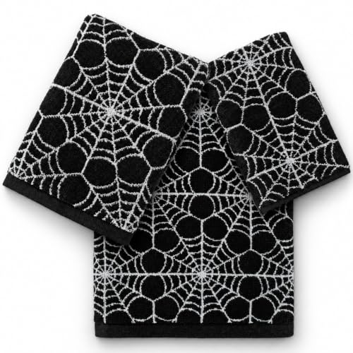 Halloween Cotton Towels Set of 3 with Spider Web Design - Black & White Decor