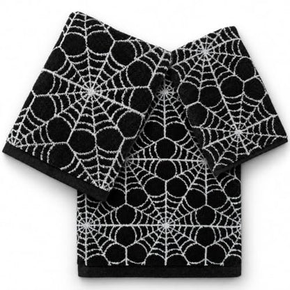 Halloween Cotton Towels Set of 3 with Spider Web Design - Black & White Decor