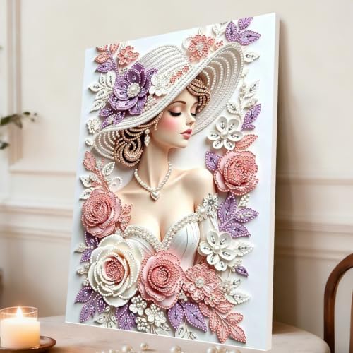 Lady Pearl Painting with 3D Crystal & Pearl Details - Framed Artwork