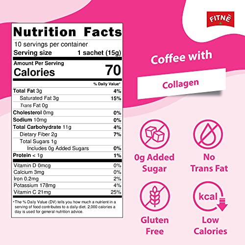 FITNE Instant 3 In 1 Coffee Packets Mix With Natural Hydrolyzed Collagen Vitamin C Smooth Blend Tasty Aromatic No Sugar Sucralose Sweetener, 10 Sticks