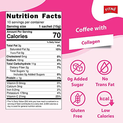 FITNE Instant 3 In 1 Coffee Packets Mix With Natural Hydrolyzed Collagen Vitamin C Smooth Blend Tasty Aromatic No Sugar Sucralose Sweetener, 10 Sticks