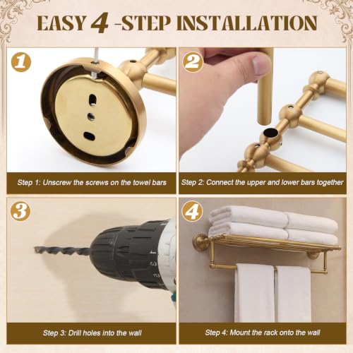 24-Inch Victorian Style Brass Foldable Towel Rack with Hooks - Gold