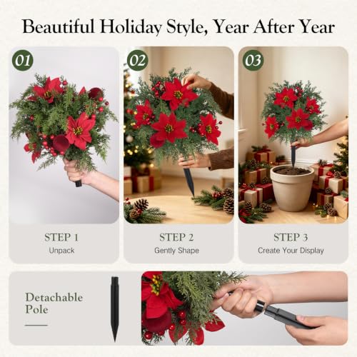 Artificial Poinsettia Stake with Pine Berries - Red & Green 2 Pack for Christmas Decor