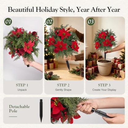 Artificial Poinsettia Stake with Pine Berries - Red & Green 2 Pack for Christmas Decor