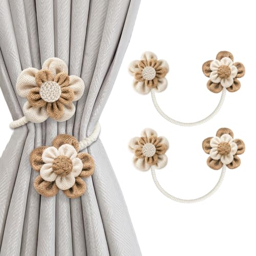 2 Pack Flower Curtain Tiebacks - Linen Cotton Decorative Holdbacks White & Khaki