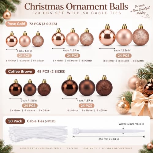 120 Pcs Rose Gold and Brown Christmas Ball Ornaments Set for Holiday Decor - Variation of Rose Gold, Brown