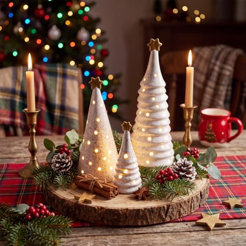 Set of 3 Lighted Ceramic Christmas Trees Tabletop Decor for Holiday Display