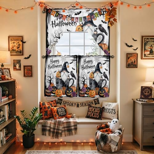 Halloween Swag Kitchen Curtains Set Black and White 3 Pieces with Snow & Orange Variations