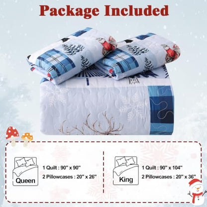 King Size Christmas Quilt Set Blue Buffalo Plaid Bedding with Pillowcases - Seasonal Home Decor