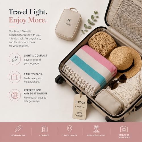 Turkish Cotton Beach Towels Set - 6 Lightweight Quick-Dry Oversized Towels
