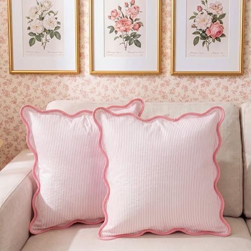 Pink Scalloped Edge Striped Pillowcases 18x18 Inches - 2 Pcs, Chicplaid