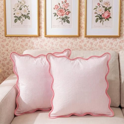 Pink Scalloped Edge Striped Pillowcases 18x18 Inches - 2 Pcs, Chicplaid