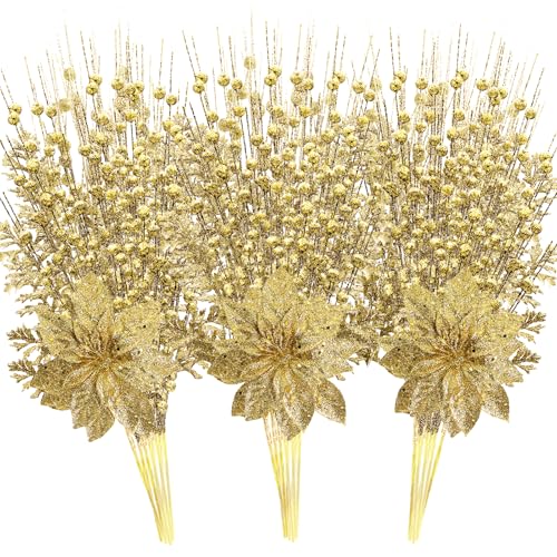 Christmas Glitter Berry Stem Set - Gold 2 Styles, 17.5 Inch Holiday Decor