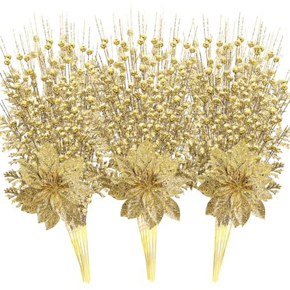 Christmas Glitter Berry Stem Set - Gold 2 Styles, 17.5 Inch Holiday Decor