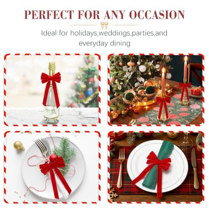 Christmas Napkin Rings Set - Red Velvet Bow 8 Pcs, 7.5 Inch Holiday Decor